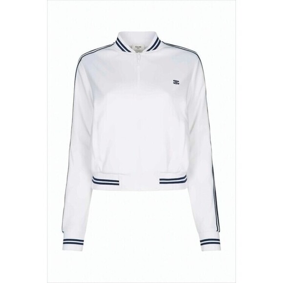 Celine Tops - Celine Cropped Zip-Up Hoodie With Navy Striped Ribbed Trims - NWT